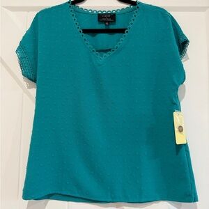 Flower and Feather Teal Textured V-Detailed Neck Blouse